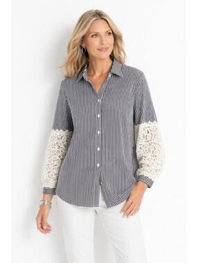NWT Chico's Poplin Striped Crochet Sleeve Cotton Blend Button Up Shirt Sz US 16
